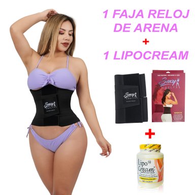 PACK FAJA RELOJ DE ARENA MUJER SEXY SBELT NEGRO 5 VARILLAS REDUCE MEDIDAS + LIPOCREAM - 1