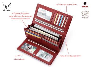 BILLETERA ARMUZ BP805 CUERO ROJO VACUNO TIPO SOBRE CON PROTECCIÓN RFID MUJER - 3
