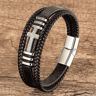 PULSERA DE CUERO CRUZ NEGRA 21 CM - 2