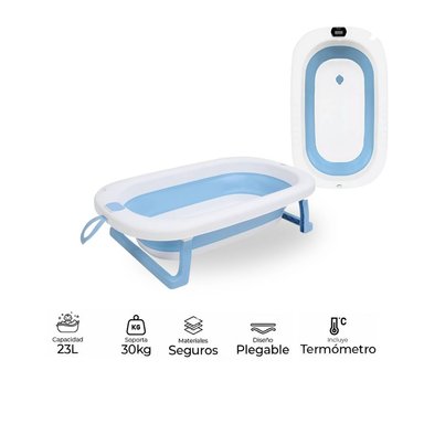 BAÑERA TINA PLEGABLE CON TERMÓMETRO CELESTE