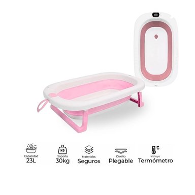 BAÑERA TINA PLEGABLE CON TERMÓMETRO ROSADO