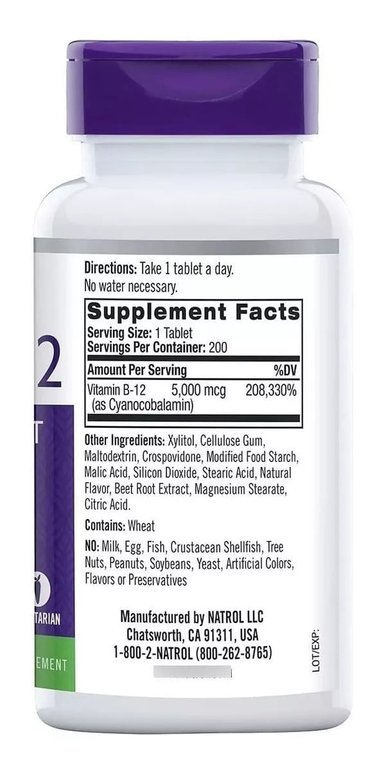 NATROL VITAMINA B12 5000MCG, 200 TABLETAS SUBLINGUALES FRESA - 2