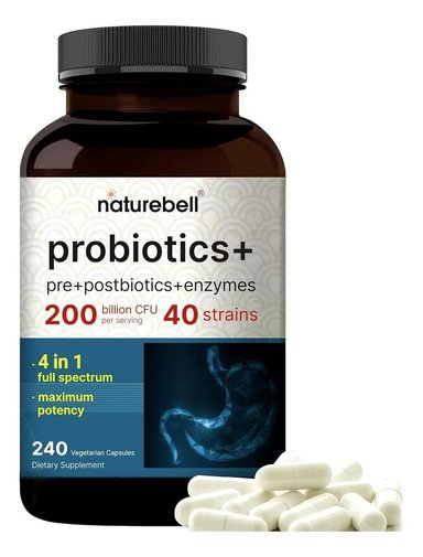 VITAMINA NATUREBELL PROBIÓTICOS 200 BILLONES CFU PREBIOTICOS POSTBIOTICOS ENZIMAS DIGESTIVAS 240U