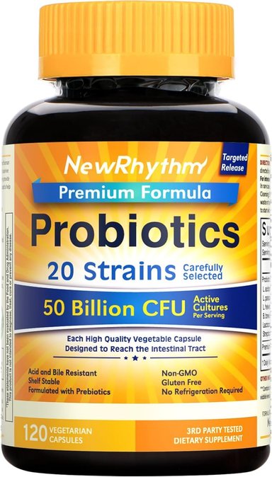 120 CÁPSULAS NEWRHYTHM PROBIOTICS, 50 MIL MILLONES DE CFU