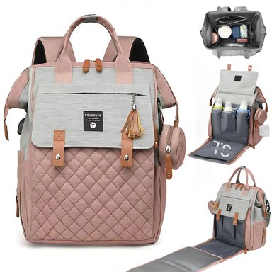MOCHILA PAÑALERA LUXURY BAG 4 EN 1 MULTIFUNCIONAL, CAMBIADOR, TÉRMICO, IMPERMEABLE ROSA
