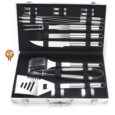 SET ACCESORIOS PARRILLA HELIOS ECOGRILL ACERO PARRILLERO PREMIUM X 18 PIEZAS INOXIDABLE CAJA ALUMINIO