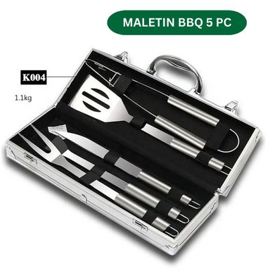 SET UTENSILIOS HELIOS ECOGRILL ACERO PARRILLERO BBQ X 5 PC + MALETIN PREMIUM
