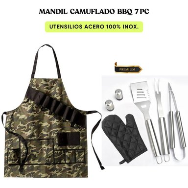 SET PARRILLERO CAMUFLADO MANDIL BBQ 7PC UTENSILIOS EN ACERO