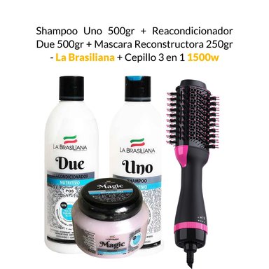SHAMPOO UNO LA BRASILIANA 500G + REACONDICIONADOR DUE 500G + MASCARA RECONSTRUCTORA 250G + CEPILLO 3 EN 1 1500W