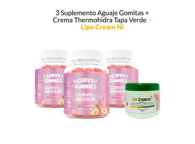 SUPLEMENTO LIPO CREAM NI GOMITAS 3 AGUAJE + CREMA THERMOHIDRA TAPA VERDE LIPO CREAM