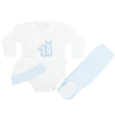 CONJUNTO ALGODÓN BLANCO CELESTE AJUAR BEBÉ 3 PIEZAS CONEJITOS