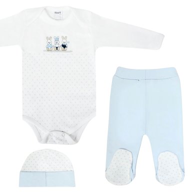 CONJUNTO ALGODÓN BLANCO CELESTE AJUAR BEBÉ 3 PIEZAS CONEJOS
