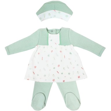 CONJUNTO VESTIDO BEBÉ NIÑA - 3 PIEZAS - FLORES - VERDE