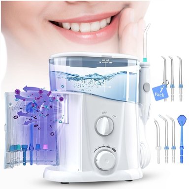 IRRIGADOR BUCAL ELÉCTRICO FAMILIAR CON 7 BOQUILLAS Y 10 NIVELES DE PRESIÓN Y CAPACIDAD 1000ML