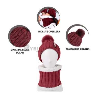 GORRO DE INVIERNO COLOR GUINDA MAS CUELLERA
