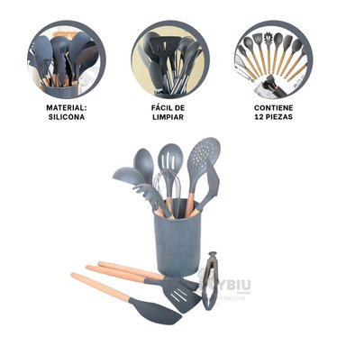 KIT 12 UTENSILIOS DE SILICONA ERGONOMICA EN COLOR GRIS