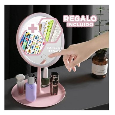 ESPEJO RYBIU BE32218 REDONDO MAQUILLAJE LED EN ROSADO + PAPEL REGALO