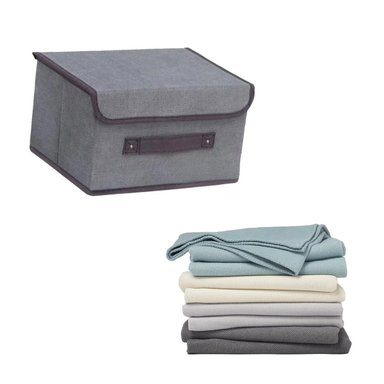 CONTENEDOR PLEGABLE TELA PLOMO 25X19X16CM PARA GUARDADO EN CASA Y+PAPEL REGALO