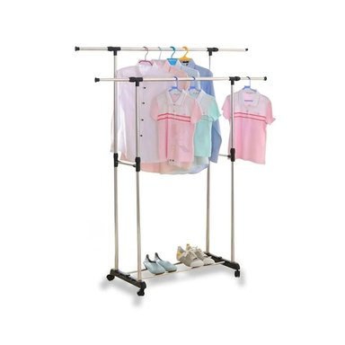 REPISA METALICA COLGADOR DOBLE DE ROPA CON BARRA EXTENDIBLE PLATEADO Y+PAPEL REGALO