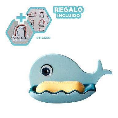PORTA JABON DE BALLENA COLOR CELESTE PARA COCINA HOGAR USO DIARIO Y+REGALO STICKER