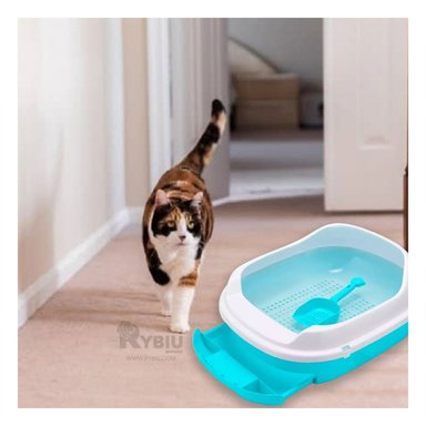 ARENERO GATO RYBIU MA30898 AMPLIO FELINOS ROSADO + PAPEL REGALO HIGIÉNICO CON BANDEJA CELESTE