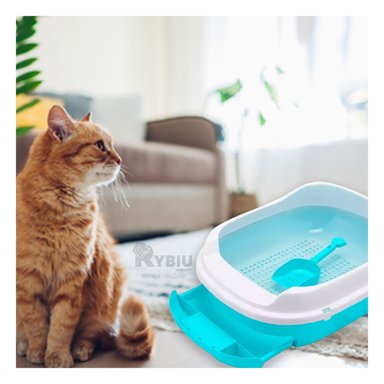 ARENERO GATO RYBIU MA30898 CON FUENTE MOVIBLE ROSADO + STICKERS COMODO Y RESISTENTE COLOR CELESTE