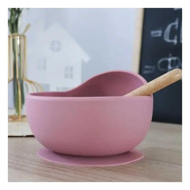 PLATO RYBIU ROSADO SILICONA + CUCHARA OSCRURO BEBE