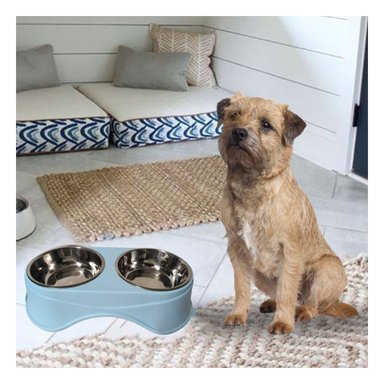 COMEDERO ACERO INOXIDABLE PERRO PC120 MASCOTA DOBLE CELESTE + STICKERS RYBIU - 2