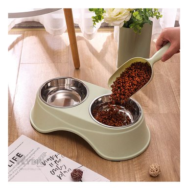 COMEDERO ACERO INOXIDABLE PERRO Y GATO PC120 ALTO DOBLE PLATO ACERO VERDE CLARO RYBIU