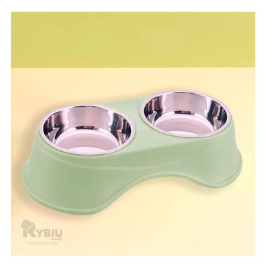 COMEDERO ACERO INOXIDABLE PERRO Y GATO PC120 DOBLE MASCOTA VERDE CLARO + PAPEL REGALO RYBIU