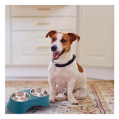 COMEDERO ACERO INOXIDABLE PERRO Y GATO PC120 MASCOTA DOBLE AZUL OSCURO + STICKERS RYBIU