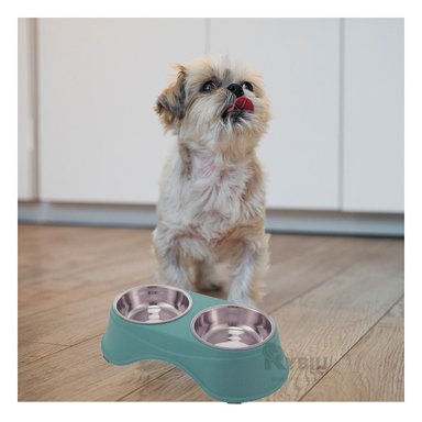 COMEDERO ACERO INOXIDABLE PERRO Y GATO PC120 ALTO DOBLE PLATO ACERO CELESTE RYBIU