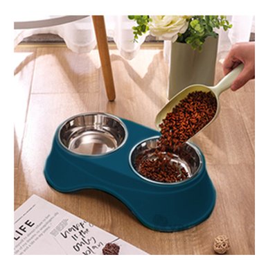 COMEDERO ACERO INOXIDABLE PERRO Y GATO PC120 ALTO DOBLE PLATO ACERO AZUL OSCURO RYBIU