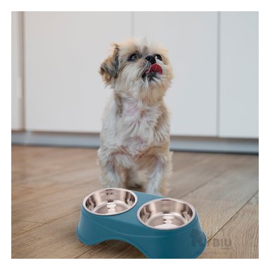 COMEDERO ACERO INOXIDABLE PERRO Y GATO PC120 DOBLE MASCOTA AZUL OSCURO + PAPEL REGALO RYBIU