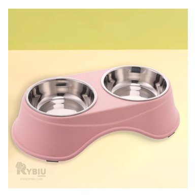 COMEDERO ACERO INOXIDABLE PERRO Y GATO PC120 PET 2 PLATO ALTO ROSADO + PAPEL REGALO RYBIU