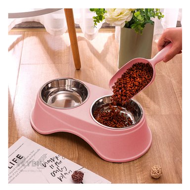 COMEDERO ACERO INOXIDABLE PERRO Y GATO PC120 ALTO DOBLE MASCOTA ACERO COLOR ROSADO RYBIU