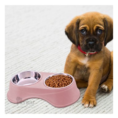 COMEDERO ACERO INOXIDABLE PERRO Y GATO PC120 DOBLE COLOR ROSADO Y STICKERS RYBIU