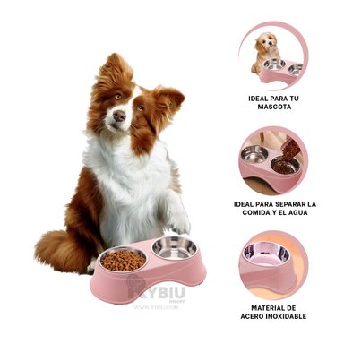 COMEDERO ACERO INOXIDABLE PERRO Y GATO PC120 DOBLE COLOR ROSADO Y STICKERS RYBIU - 2