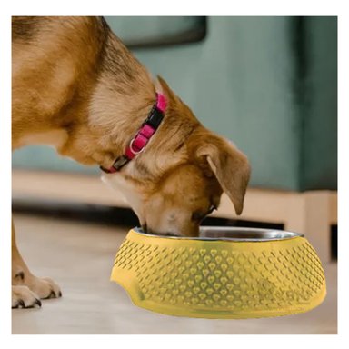PLATO ACERO INOXIDABLE PERRO Y GATO MA29882 DESMONTABLE MASCOTA AMARILLO Y PAPEL REGALO RYBIU