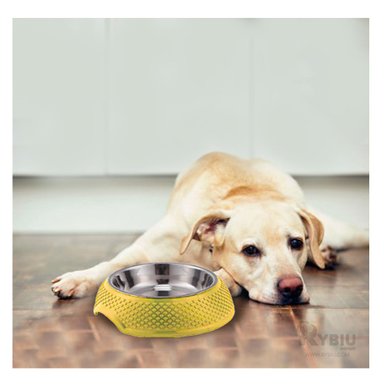 PLATO ACERO INOXIDABLE PERRO MA29882 PREMIUM COLOR AMARILLO Y STICKERS RYBIU