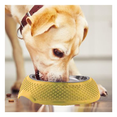 PLATO ACERO INOXIDABLE PERRO Y GATO MA29882 RESISTENTE BASE CORAZONES COLOR AMARILLO RYBIU