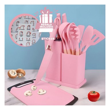 SET ACCESORIOS COCINA RYBIU CO29821 ROSADO UTENSILIOS + REGALO STICKERS - 1