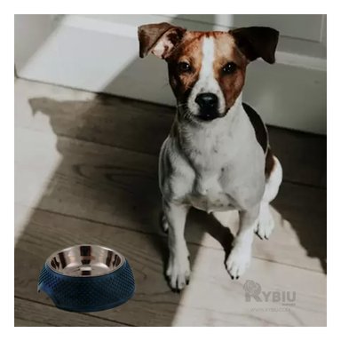 PLATO ACERO INOXIDABLE PERRO Y GATO MA29883 ELEGANTE ANTIDESLIZANTE TONO AZUL OSCURO Y STICKERS RYBIU