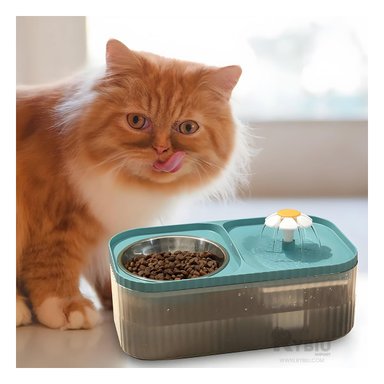 BEBEDERO PERRO Y GATO MA31404 FUENTE MASCOTA DOBLE COMIDA Y AGUA RECTANGULAR CELESTE RYBIU