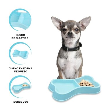 PLATO PERRO Y GATO MA31292 DOBLE FORMA HUESO ANCHO MASCOTA COLOR CELESTE RYBIU - 3
