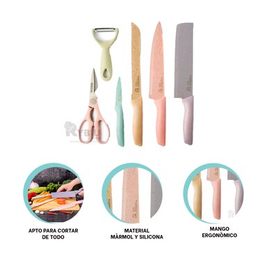 SET RYBIU SOFISTICADO CUCHILLOS MULTICOLOR + REGALO STICKERS CO30464 MÁRMOL 6 PIEZAS