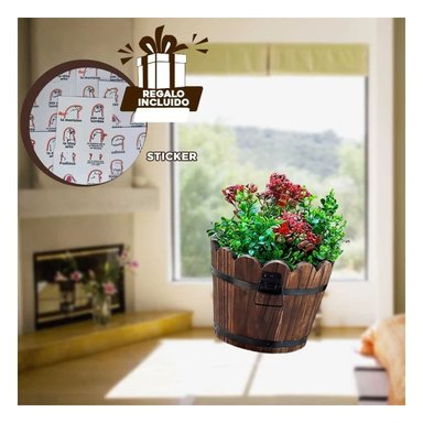 MACETERO RYBIU HO32300 DE FLORES DE MADERA BARRIL 15CM + STICKERS