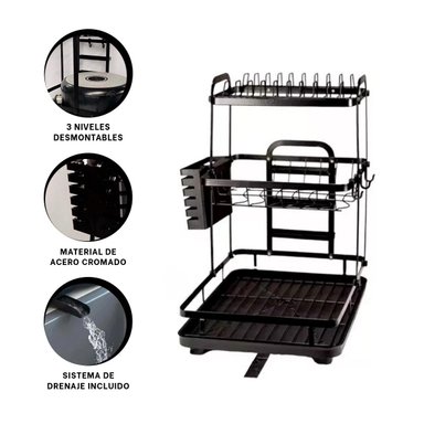 ORGANIZADOR DE PLATOS DE 3 NIVELES CON SISTEMA DE DRENAJE NEGRO - 3
