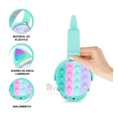 AUDÍFONOS RYBIU INALÁMBRICO TE29202 CON OIDOS FELINO VERDE AGUA + REGALO AGENDITA - 3