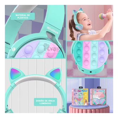 AUDÍFONOS RYBIU INALÁMBRICO TE29202 CON OIDOS FELINO VERDE AGUA + REGALO AGENDITA - 4